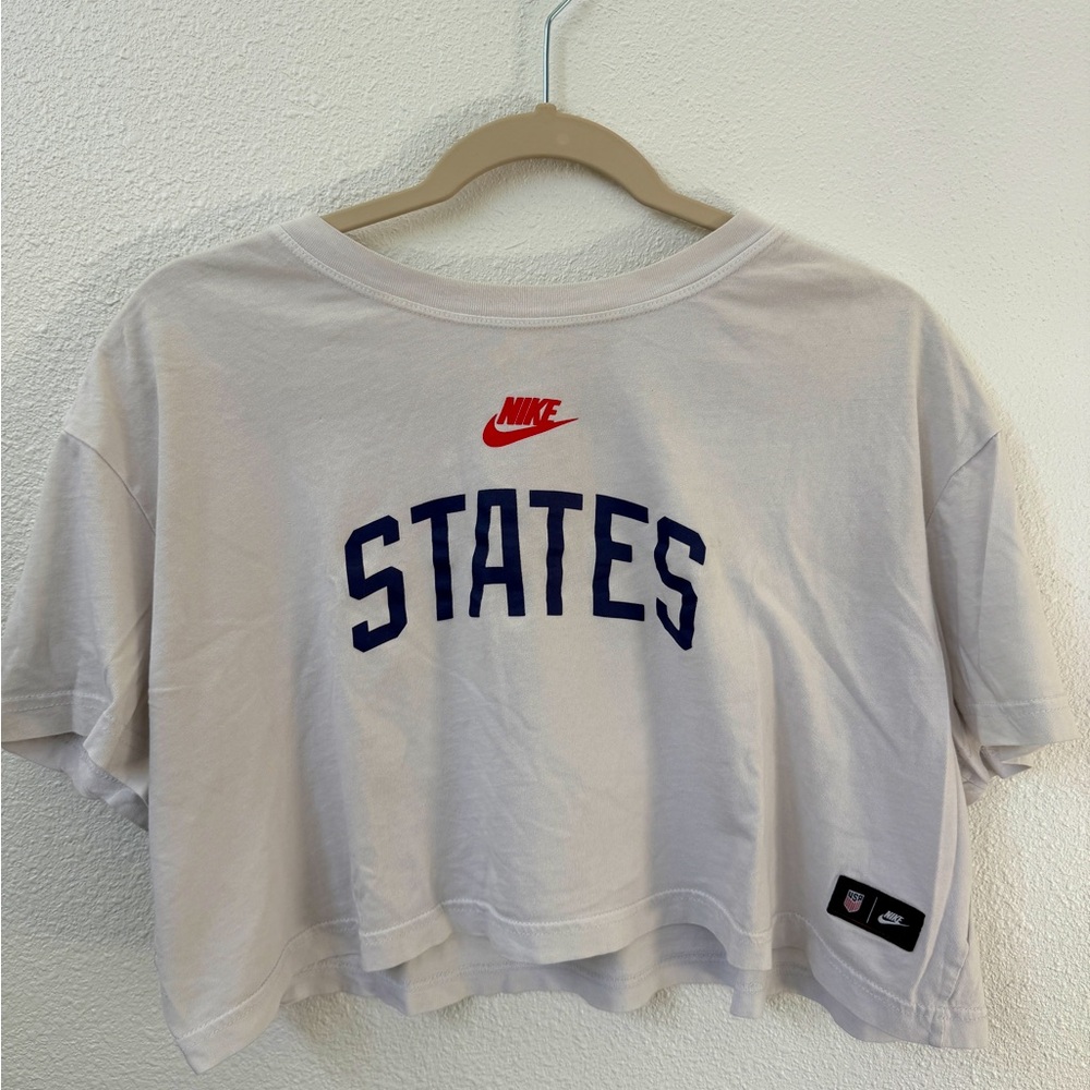 Unique Nike White Crop Top with Blue 'STATES' Print